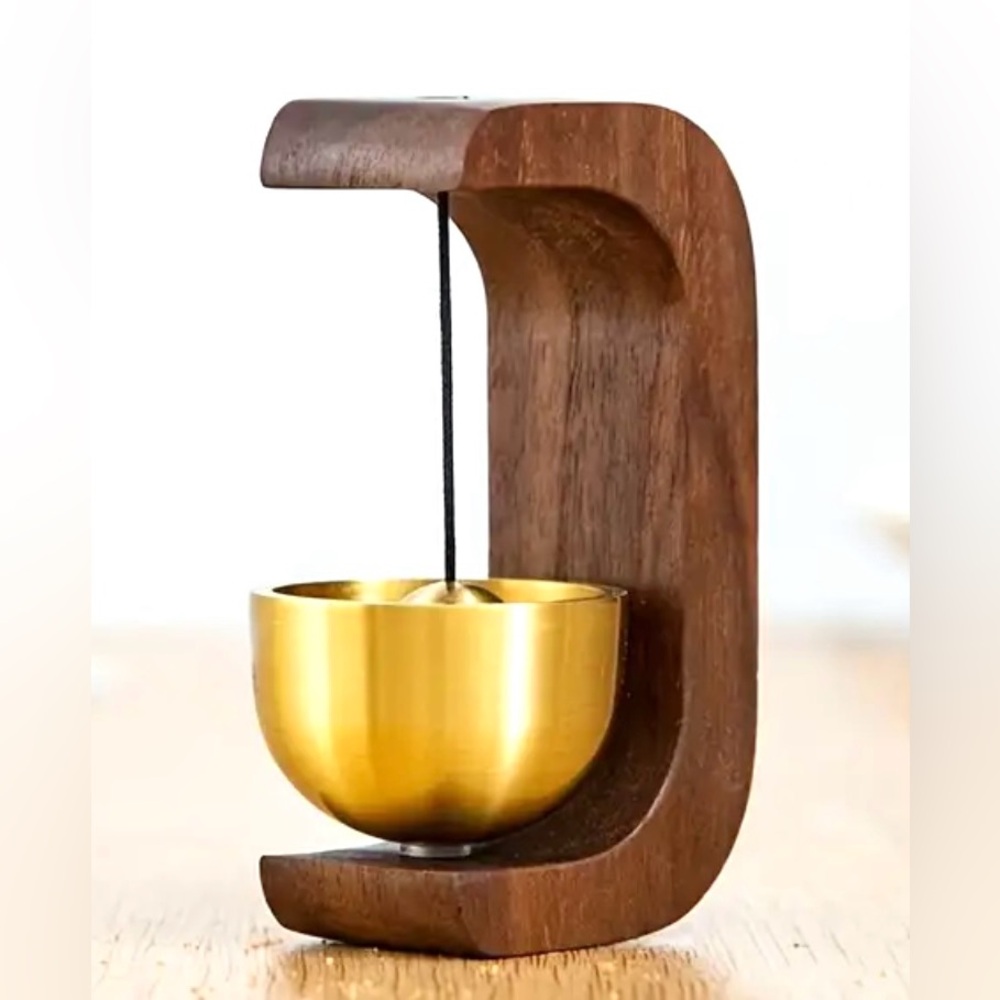 Adorable brass chime in wood base Pleasing sound NIP